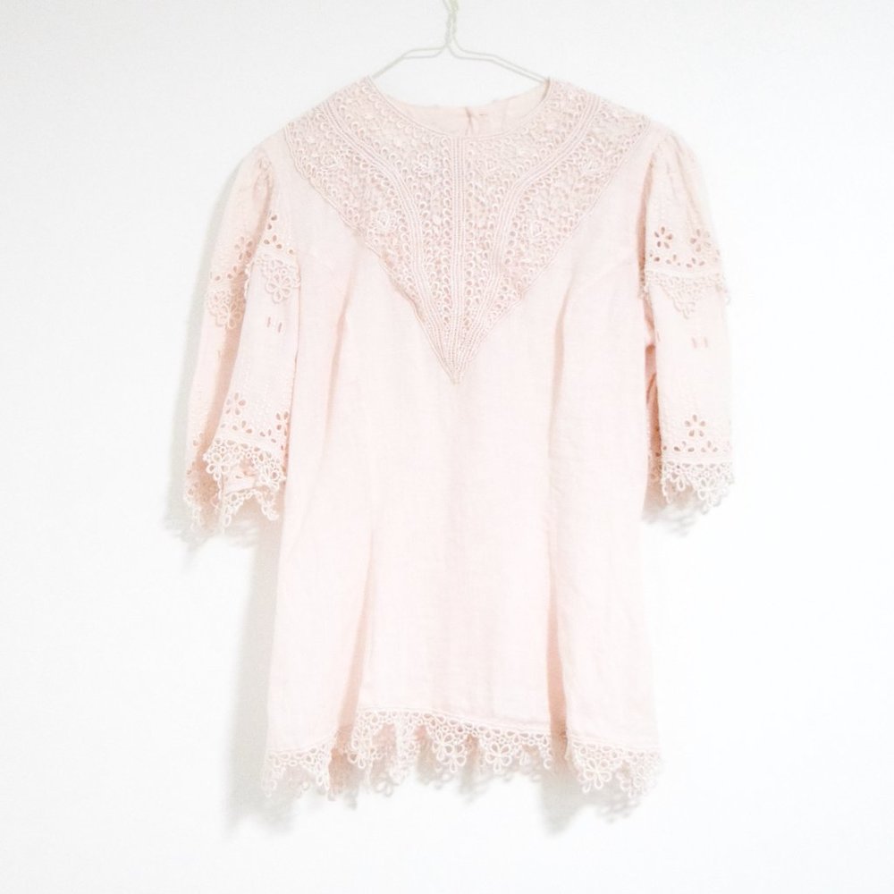 Vintage Pink Linen Eyelet Lace Crochet Embroidered Yoke Collar Blouse | Size S